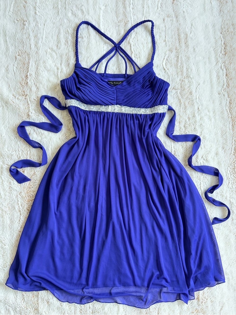 💙 Y2K Blue Chiffon Rhinestone Babydoll Dress Fairycore Tie Waist Going Out ✨